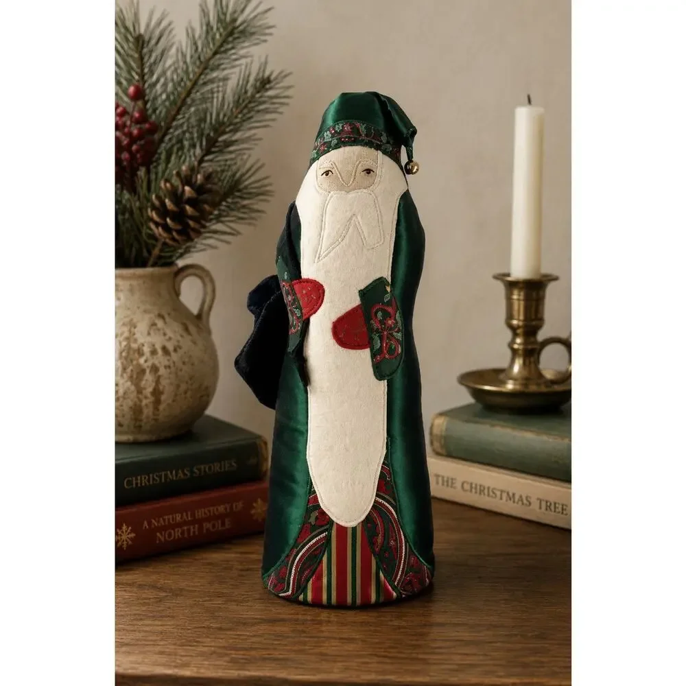Vintage Folk Art Fabric Santa Claus Figure Green Satin Robe Christmas 13”